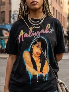 Vintage Style Aaliyah Graphic T-Shirt Retro 90s R&B Tee Black Size M